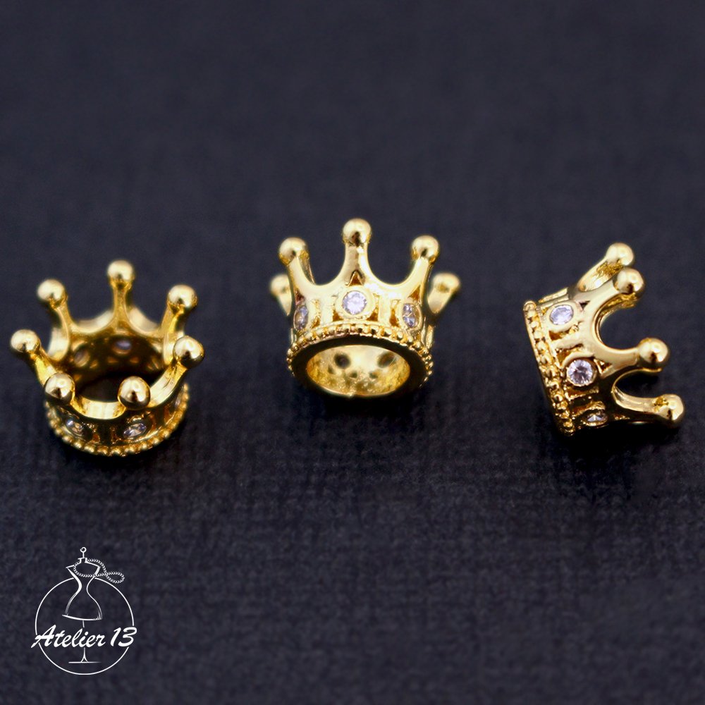 Element-bead "Crown" with cubic zirkonia, 8*11*7mm, gold, 1 pc