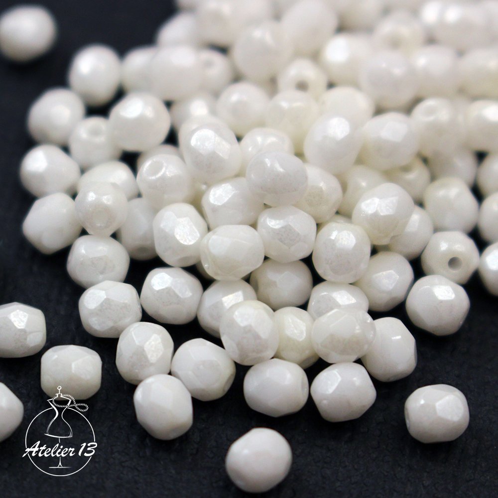 FirePolished 4 mm White Ceramic Opaque Luster, (#03000/14400), 50 pcs